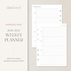 May include: A personal wide 2026-2027 weekly planner with a grid layout. The planner features a week-on-two-pages design, with a Monday and Sunday start. The text "Paper Seasons Co" is at the top left. The planner includes the month of January 2026.