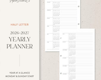 Half Letter | 2026–2027 Serif Yearly Planner Insert Minimal Annual Overview