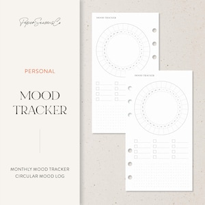 Op de afbeelding: Witte planner inlegvellen met een cirkelvormig mood tracker ontwerp. De inlegvellen bevatten de tekst "MOOD TRACKER" en "PERSONAL". Het ontwerp heeft een gestippeld raster en ruimte voor notities.