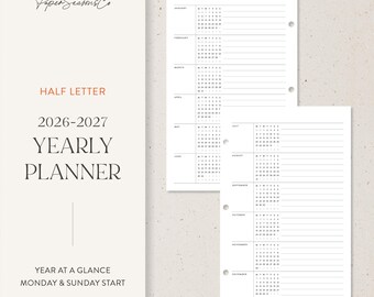 Half Letter | 2026–2027 Yearly Planner Insert Minimal Overview
