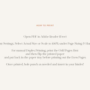 May include: Text on a cream-colored background provides instructions on how to print a PDF. The text includes steps for Adobe Reader, print settings, and manual duplex printing. The text is in a serif font.