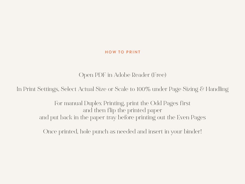 May include: Text on a cream-colored background provides instructions on how to print a PDF. The text includes steps for Adobe Reader, print settings, and manual duplex printing. The text is in a serif font.