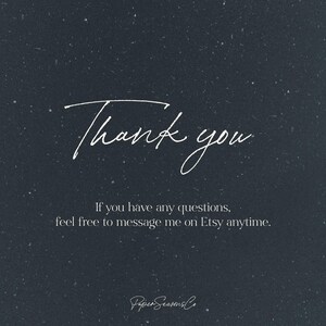Pode incluir: Fundo azul escuro com texto branco que diz "Thank you". Abaixo, l&ecirc;-se "If you have any questions, feel free to message me on Etsy anytime." O logotipo da Paper Seamis Co. est&aacute; na parte inferior.