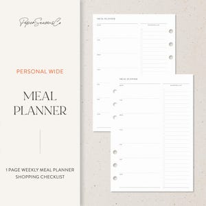 Puede incluir: Insertos de planificador de comidas blancos con una sección de lista de compras. El texto "MEAL PLANNER" se muestra en una fuente grande y elegante. También son visibles las palabras "PERSONAL WIDE" y "SHOPPING CHECKLIST". El planificador está diseñado para un plan de comidas semanal de 1 página.