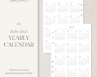 A5 | 2026–2027 Minimal Yearly Calendar Year at a Glance