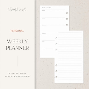 May include: A white weekly planner with the text "Paper Seasons Co" and "Personal Weekly Planner". The planner includes a week-on-two-pages layout with Monday and Sunday start. The planner has a lined page and a page with days of the week.