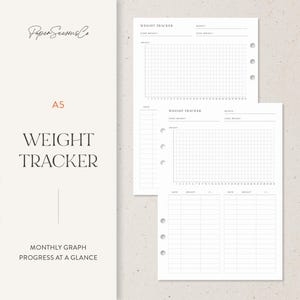 May include: Two white A5 weight tracker pages with a grid for tracking weight loss progress. The pages have a header that says "Weight Tracker" and include space for the month, start weight, and goal weight. The text "Paper Seasons Co" is at the top.