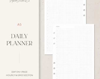 May include: A5 daily planner inserts with a grid and hourly section. The inserts are white with a grid pattern and pre-punched holes for binding. The text "DAILY PLANNER" and "DAY ON 1 PAGE HOURLY & GRID SECITON" are visible.