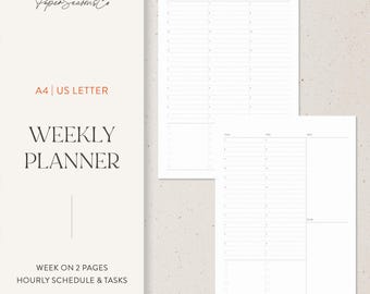 May include: A white weekly planner with a minimalist design. The planner includes hourly schedules and tasks, with a week on two pages. The text "WEEKLY PLANNER" is displayed in a large font. The planner is A4 | US LETTER size.