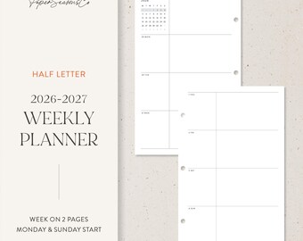 Half Letter | 2026–2027 Weekly Planner Insert Week on 2 Pages