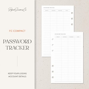 May include: Two white password tracker sheets with a minimalist design. The sheets have pre-printed sections for website, username, password, and notes. The left side of the image has the text "Paper Seasons Co", "FC Compact", and "Password Tracker".