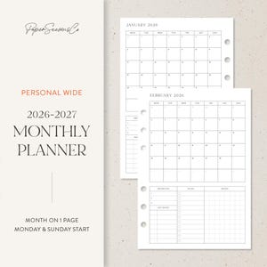 May include: A white 2026-2027 monthly planner with a minimalist design. The planner includes a month-on-one-page layout, with Monday and Sunday start dates. The planner has a section for priorities, to-do lists, and notes.