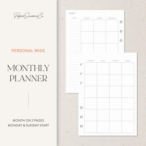 May include: A white monthly planner with a grid layout for each day of the week. The planner includes the text "Paper Seasons Co", "Personal Wide", and "Monthly Planner". The planner is designed with a Monday and Sunday start.