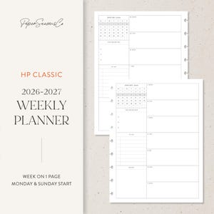 Könnte beinhalten: Ein weißer Wochenplaner mit dem Text "HP CLASSIC 2026-2027 WEEKLY PLANNER". Der Planer enthält einen Kalender für Januar 2026 und ein Wochenlayout auf einer Seite. Der Text "WEEK ON 1 PAGE MONDAY & SUNDAY START" ist ebenfalls sichtbar.