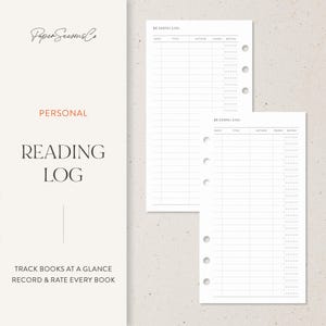 Könnte beinhalten: Weiße Leseprotokollseiten mit einem linierten Layout zum Verfolgen von Büchern. Die Seiten enthalten Abschnitte für Datum, Titel, Autor, Seiten und Bewertung. Die Wörter "Reading Log" und "Personal" sind aufgedruckt.