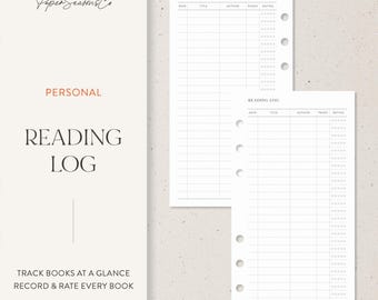May include: White reading log pages with a lined layout for tracking books. The pages include sections for date, title, author, pages, and rating. The words "Reading Log" and "Personal" are printed on the left side.