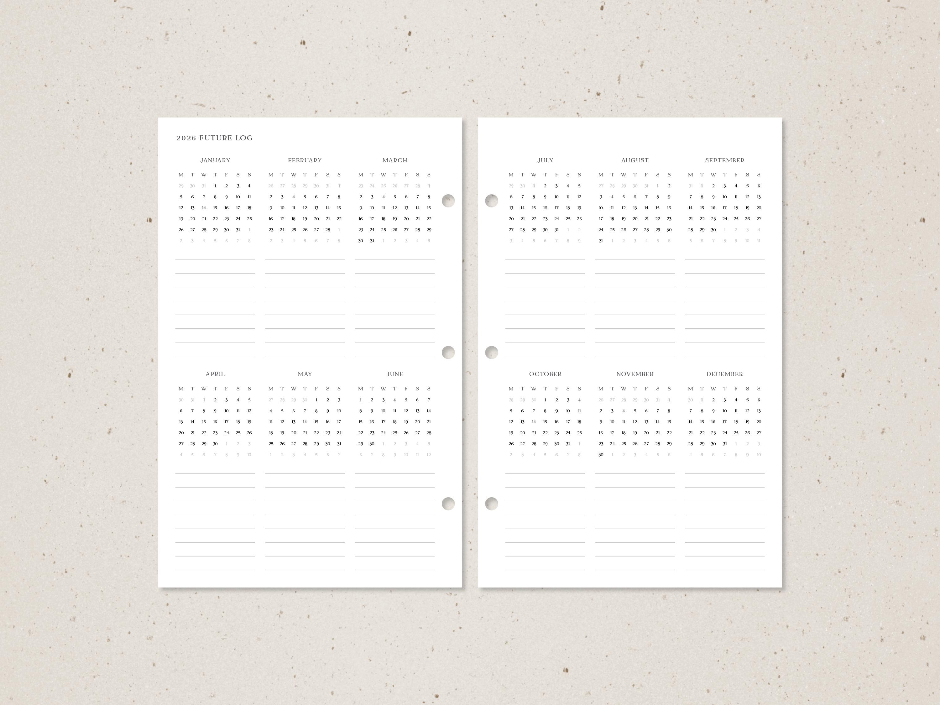 Half Letter | 2026-2027 Future Log Insert With Yearly Overview Calendar ...