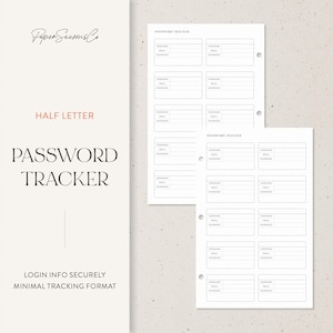 Könnte beinhalten: Zwei weiße Passwort-Tracker-Blätter mit minimalistischem Design. Die Blätter haben Abschnitte für Benutzername, E-Mail und Passwort. Der Text "PASSWORD TRACKER" wird in großen, fetten Buchstaben angezeigt. Die Worte "HALF LETTER" sind kleiner.