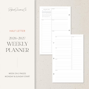 May include: A weekly planner insert with a minimalist design. The insert includes a calendar for January 2026, to-do lists, and space for notes. The text on the insert reads "HALF LETTER 2026-2027 WEEKLY PLANNER".