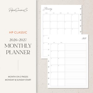 May include: A white monthly planner with the text "HP CLASSIC 2026-2027 MONTHLY PLANNER". The planner includes a calendar layout for January and a lined notes section. The text "Paper Seasons Co" is at the top.