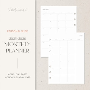 Personal Wide | 2025-2026 Monthly Planner Refill | Minimal Month on Two Pages Layout