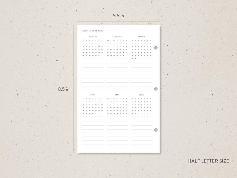 Half Letter | 2026-2027 Future Log Insert With Yearly Overview Calendar ...