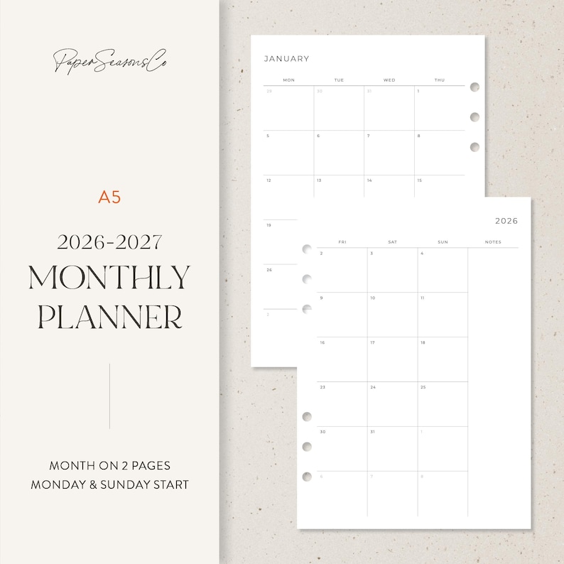 A5 size 2026 monthly planner refill with two-page minimalist calendar layout and six ring punches