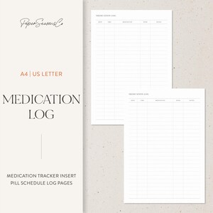 Pode incluir: Um diário de medicamentos branco com um layout de grade para rastrear detalhes de medicamentos. O texto "MEDICATION LOG" é exibido, junto com "A4 | US LETTER" e "MEDICATION TRACKER INSERT PILL SCHEDULE LOG PAGES". O logotipo da Paper Seasons Co está no canto superior esquerdo.