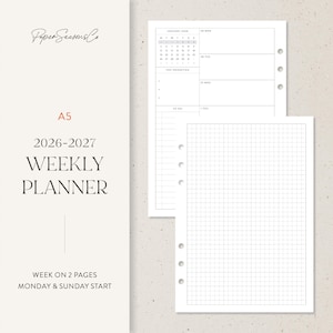 Peut inclure: Insert de planificateur hebdomadaire A5 avec une grille et une mise en page de calendrier. Le planificateur comprend les années 2026-2027 et présente un format d'une semaine sur deux pages. Le design comprend le texte "Paper Seasons Co" et "WEEKLY PLANNER".