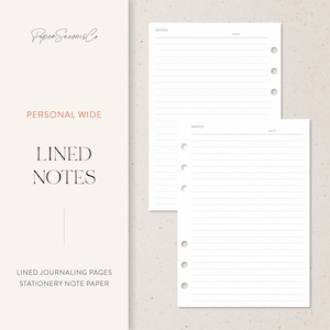May include: White lined note paper with pre-punched holes for a binder. The paper has the words "NOTES" and "DATE" printed at the top. The text "PERSONAL WIDE" and "LINED NOTES" are also visible. The paper is designed for journaling and stationery.