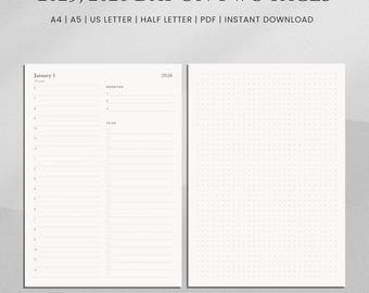 2025, 2026 Day on Two Pages Planner | Daily Schedule + Dot Grid | A4 A5 Letter Half | PDF Printable
