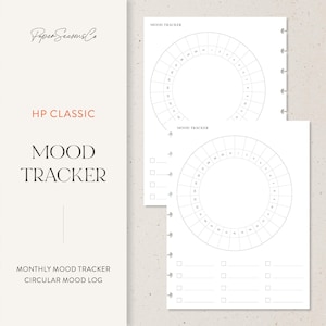 May include: White mood tracker planner pages with a circular design. The pages include the text "MOOD TRACKER", "HP CLASSIC", and "MONTHLY MOOD TRACKER CIRCULAR MOOD LOG". The planner pages are designed to be used with a Happy Planner.
