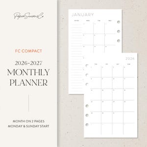 Puede incluir: Un planificador mensual blanco para 2026-2027 con un diseño minimalista. El planificador incluye un diseño de mes en dos páginas, con inicio en lunes y domingo. El texto "FC Compact" y "Monthly Planner" son visibles.