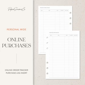 May include: Two white planner inserts with the text "Online Purchases" and columns for date, item, paid, shipped, and received. The left side of the image has the text "Personal Wide" and "Online Purchases" in a stylish font.