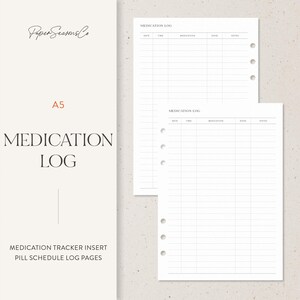 May include: A5 medication log pages with a minimalist design. The pages are white with a grid layout for tracking medication details. The text "MEDICATION LOG" is prominently displayed. The pages are designed as a medication tracker insert and pill schedule log.