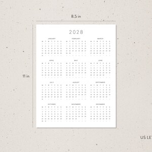 A4, US Letter | Jaarkalenderinzetstukken 2027-2028, volledig jaaroverzicht in minimalistisch formaat afbeelding 4