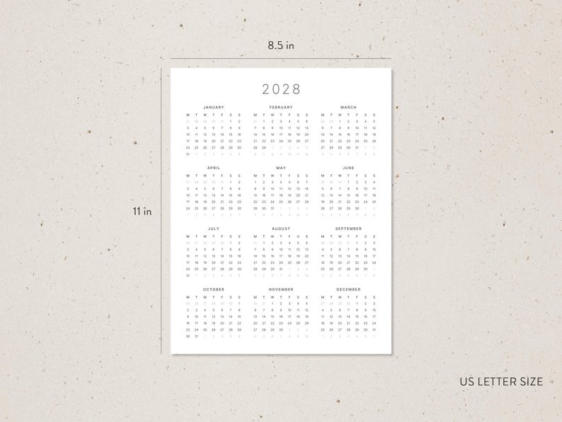 A4, US Letter | Jaarkalenderinzetstukken 2027-2028, volledig jaaroverzicht in minimalistisch formaat afbeelding 4