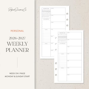 Puede incluir: Un planificador semanal blanco con un diseño minimalista. El planificador incluye un calendario para enero de 2026 y 2027, con espacio para listas de tareas y notas. Se muestra el texto "PERSONAL 2026-2027 WEEKLY PLANNER".