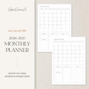 May include: A minimalist monthly planner for 2026-2027, featuring a clean layout with a month-on-one-page design. The planner includes sections for priorities, to-do lists, and notes. The design is in A4 and US Letter sizes, with Monday and Sunday start dates.