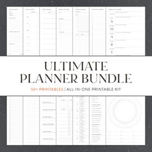 Puede incluir: Un conjunto de páginas de planificador imprimibles en blanco y negro, con secciones para visitas médicas, planificación de comidas y establecimiento de objetivos. El texto "ULTIMATE PLANNER BUNDLE" se muestra, junto con "50+ PRINTABLES | ALL-IN-ONE PRINTABLE KIT".