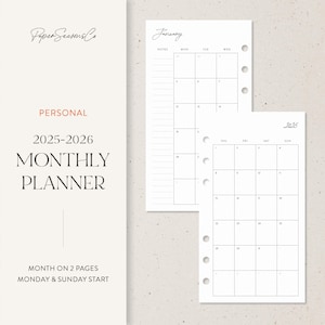 Personal | 2025-2026 Personal Size Monthly Planner Refill, Printable Calendar Pages, Fits LV PM & Filofax