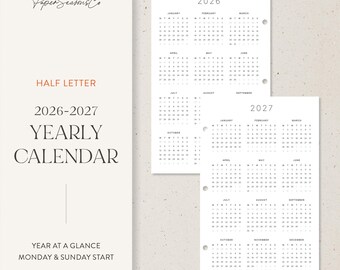Halve letter | Jaarkalender 2026-2027 afdrukbaar, jaar op een pagina voor discboundplanner