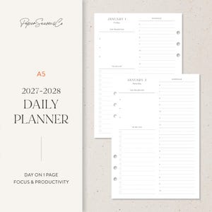 May include: A5 2027-2028 daily planner pages with a day-on-one-page layout. The white paper features sections for top priorities, a schedule from 6 to 12, and a to-do list with checkboxes. The text reads PaperSeasonsCo, A5, 2027-2028 Daily Planner.