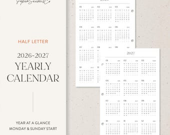 Half Letter | 2026–2027 Minimal Yearly Calendar Year at a Glance