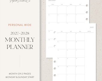 Op de afbeelding: Een persoonlijke brede 2027-2028 maandplanner-inlayset met een lay-out over twee pagina's. De witte papieren pagina's hebben zwarte tekst, een startoptie voor maandag en zondag en voorgestanste gaten. De tekst luidt PaperSeasonsCo.