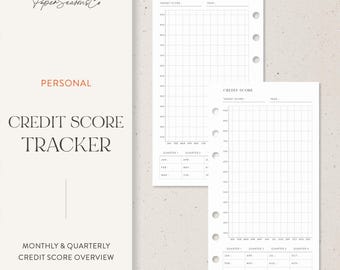 May include: White credit score tracker pages with a grid layout for tracking credit scores. The pages include the text "Credit Score Tracker", "Monthly & Quarterly Credit Score Overview", and "Personal". The pages are designed for use in a binder.