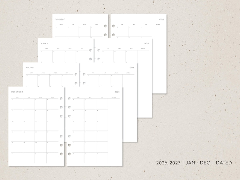 Pode incluir: P&aacute;ginas de planejador brancas com layouts de calend&aacute;rio mensais para 2026 e 2027. As p&aacute;ginas est&atilde;o empilhadas, com meses como janeiro, mar&ccedil;o, agosto e dezembro vis&iacute;veis. O texto "2026, 2027 | JAN - DEC | DATED" est&aacute; na parte inferior.