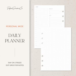 May include: A white daily planner with a dot grid for notes and a section for priorities. The planner includes the text "Paper Seasons Co", "Personal Wide", and "Daily Planner". The planner is designed for a day on two pages.