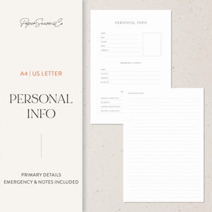 Könnte beinhalten: Ein weißes Blatt mit persönlichen Informationen mit dem Text "PERSONAL INFO" und "PRIMARY DETAILS EMERGENCY & NOTES INCLUDED". Das Blatt enthält Abschnitte für Name, Kontakt und medizinische Informationen. Das Papierformat ist A4 | US LETTER.