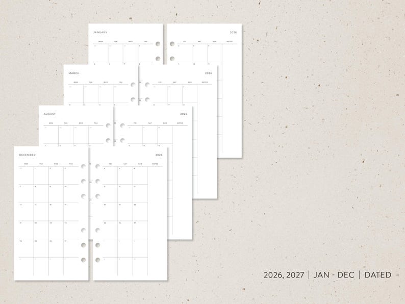 May include: White paper calendar inserts for 2026 and 2027, featuring monthly layouts from January to December. Each page has a grid format with days and dates. The text "2026, 2027 | JAN - DEC | DATED" is visible in the lower right corner.